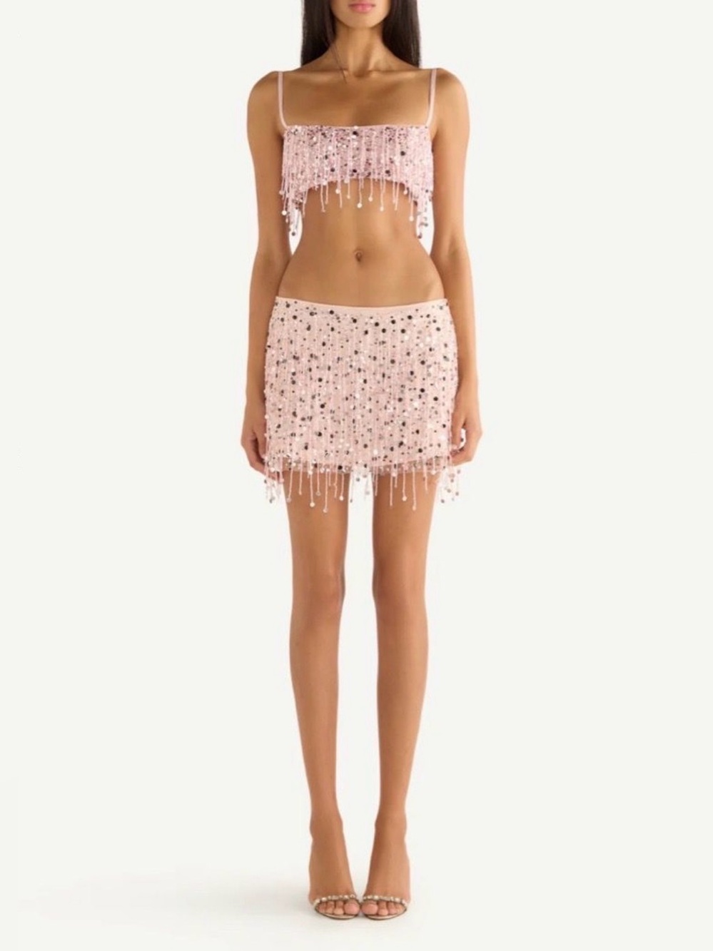 ASTA RESORT Yasmin Hand Beaded Mini Skirt and top Blush